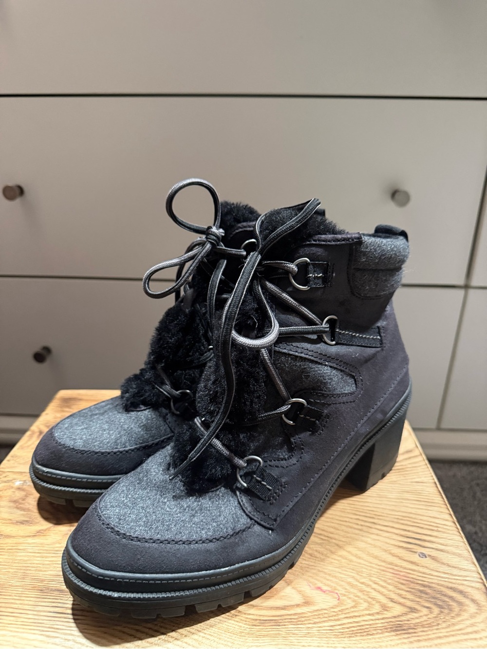 Buckle Black Lace-Up Faux-Fur Ankle Boots